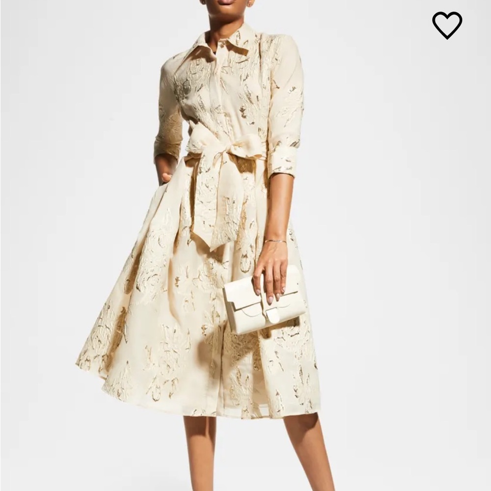 Rickie Freeman for Teri Jon shirt-style cocktail dress in metallic jacquard